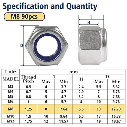 90 Pack M8-1.25mm Nylon Insert Locknuts,304 Stainless Steel A2-70 Lock Nuts,Standard Metric Thread Nylock Nuts for Bolts