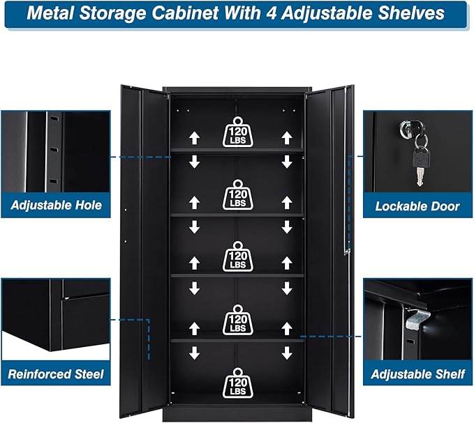 Metal Garage Storage Cabinet, 71-inch Tool Cabinet with 5 Adjustable Shelves & Locking Doors, Tool Cabinets for Garage,Office,Home,School,Gym Storage (Black)