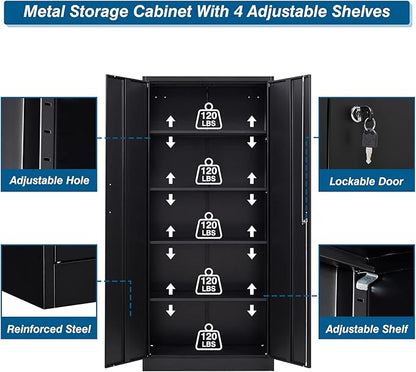 Metal Garage Storage Cabinet, 71-inch Tool Cabinet with 5 Adjustable Shelves & Locking Doors, Tool Cabinets for Garage,Office,Home,School,Gym Storage (Black)