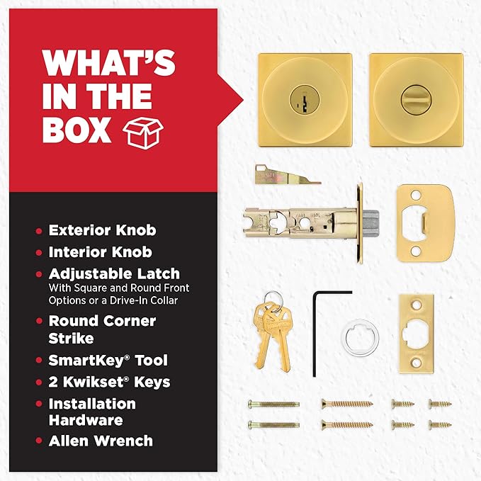Kwikset Pismo Entry Door Knob with Lock and Key, Secure Keyed Handle Exterior Doorknob, Front Entrance and Bedroom, Satin Brass, Square, Pick Resistant SmartKey Rekey Security, Microban Protection