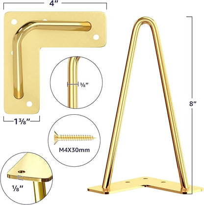 SMARTSTANDARD 8 Inch Hairpin Furniture Legs, 3/8'' Rods Metal Home DIY Projects for Nightstand, Coffee Table, Bed with Rubber Floor Protectors, Gold Set of 4PCS