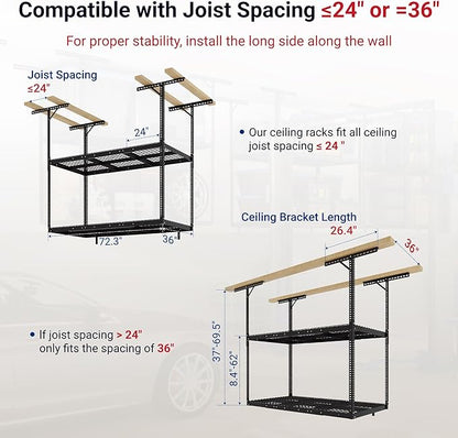 FLEXIMOUNTS 3x6 2-Tier Overhead Garage Storage Rack – Adjustable Heavy Duty Metal Garage Ceiling Storage Racks, 880 lbs Capacity – Garages Organization System for 9–15 ft Tall Garages, Black