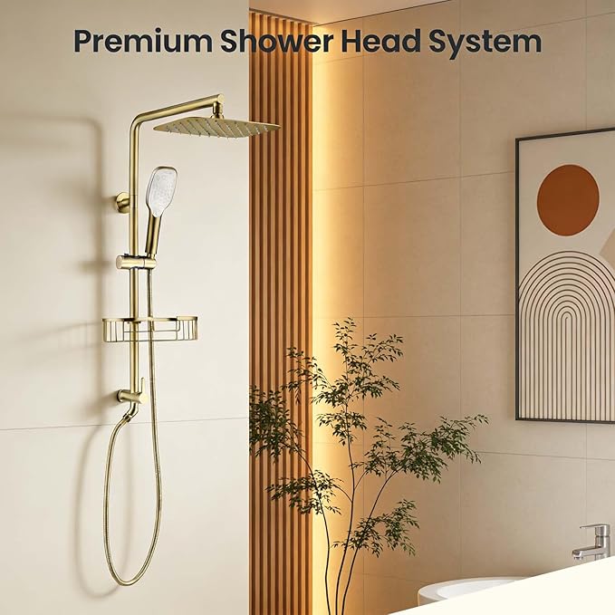 SonTiy Rain Shower Head with Handheld Spray and Shower Shelf Caddy, 12Inch High Pressure rainfall Showerheads and Hand Shower Combo with Height Adjustable Holder Shower Head System, Brushed Gold