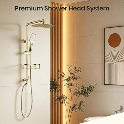 SonTiy Rain Shower Head with Handheld Spray and Shower Shelf Caddy, 12Inch High Pressure rainfall Showerheads and Hand Shower Combo with Height Adjustable Holder Shower Head System, Brushed Gold