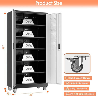 Aobabo 71" H×32" W×16" D Metal Storage Cabinet with Wheels, Garage Steel Storage Cabinet with 5 Adjustable Shelves and 4 Hooks for Home Office,Kitchen, Black Silver,Assembly Required