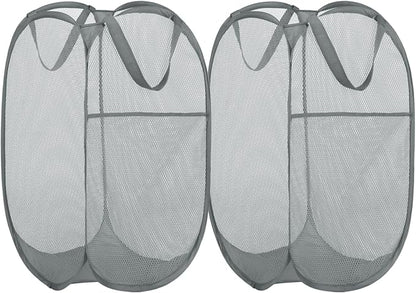 BATTOO Deluxe Strong Mesh Pop up Laundry Hamper Basket with Side Pocket for Laundry Room, Bathroom, Kids Room, College Dorm or Travel 2 Pack White