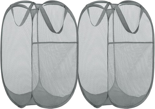 BATTOO Deluxe Strong Mesh Pop up Laundry Hamper Basket with Side Pocket for Laundry Room, Bathroom, Kids Room, College Dorm or Travel 2 Pack White