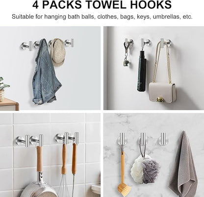 SetSail Towel Hooks for Bathrooms Screw-in 4 Packs Brushed Nickel Bathroom Towel Hook Wall Mounted Stainless Steel Shower Towel Hooks for Coat Hanging, Drill Hole
