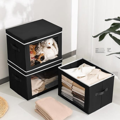 Storage Bins with Lids, 3 Pack Large Storage Cubes with Window, Closet Bins with Lids & Handles, Fabric Box for Organizing Clothes, Towels, Books, Black
