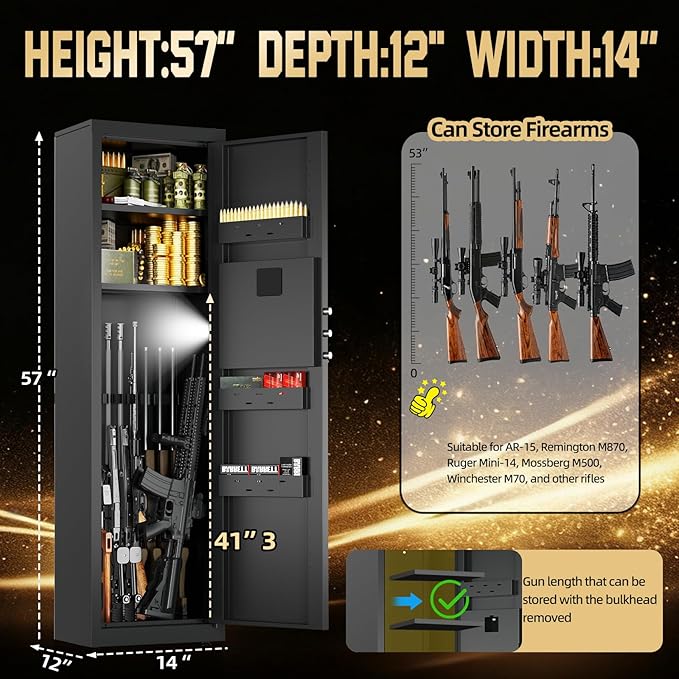 8-10 Gun Safe for Rifles and Pistols, Gun Cabinets for Rifles and Shotguns with Digital Keypad & LED Light, Rifle Safe with Removable Shelves and Alarm System, Easy Assembly Gun Locker