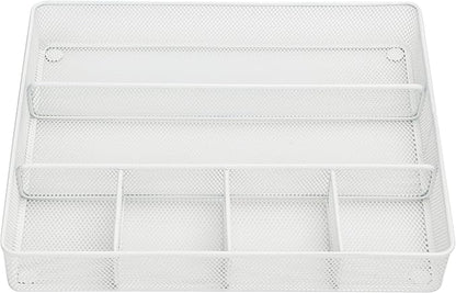 Annova Desk Top Organizer Tray for Office Organization - Metal Mesh - Storage Tray with Dividers for Pens, Desktop Accessories, Bathroom, Kitchen, Makeup and Office Supplies (Large, White)