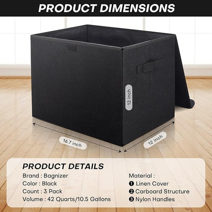 Large 17" 42 Quarts Collapsible Stackable Storage Bins with Lids [3-Pack] Foldable Fabric Linen Storage Boxes Cube, Closet Organizer Baskets with Label (16.7 x 12 x 12, Black)