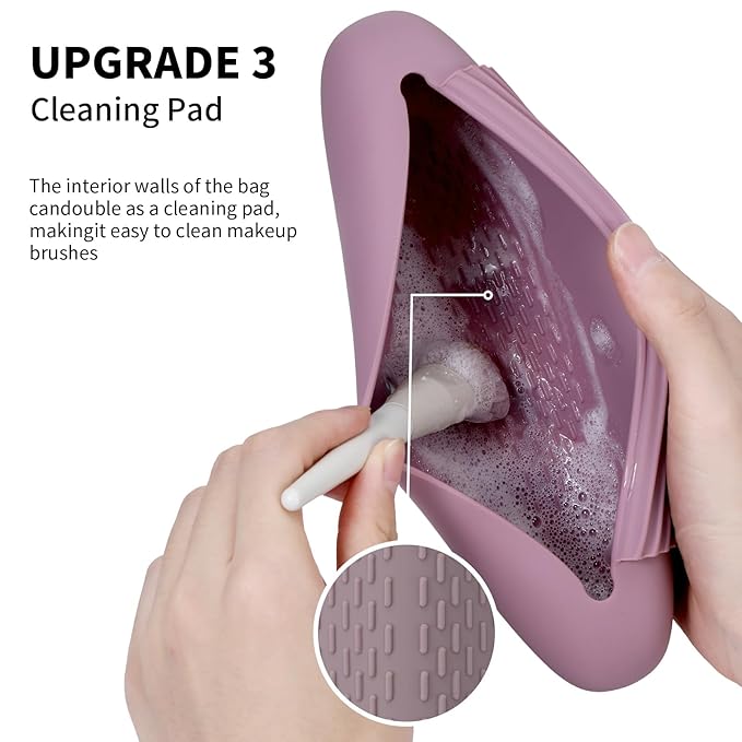 Silicone Makeup Brush Holder Travel Cosmetic Bag：Soft Portable Cosmetic Face Brushes Holder with Upgrade Anti-Fall Out Magnetic Closure, Large Travel Makeup Brush Case - Light Purple