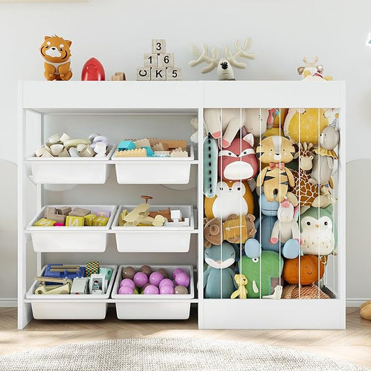 50.6" W Toy Storage, 3-in-1 Large Kids Toy Organizers and Storage with Stuffed Animal Zoo, 6 Removable Plastic Bins, Wooden Toddler Cabinet for Girls Boys Playroom, Nursery, Home Decor(White)