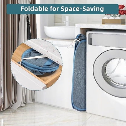 Collapsible Laundry Baskets, Tear Proof Pop Up Laundry Hamper with Dual Handles, Durable Foldable Laundry Basket, Easy to Carry Laundry Hamper for Home, Laundry Room, Bedroom, Dorm, Travel Blue