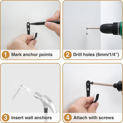 20Pcs Wall Hooks for Bathroom, Kitchen, Closet, and Garage - Black Metal Hooks for Hanging Coats, Towels, Hats, Keys, Bags, and Coffee Cups - Holds Up to 40 lbs