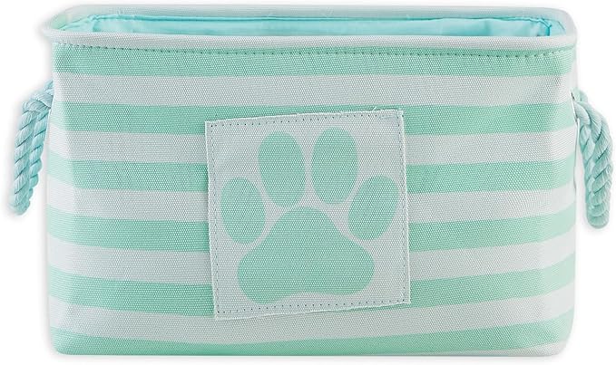 Bone Dry Pet Storage Collection Striped Paw Patch Bin, Aqua, Small Rectangle