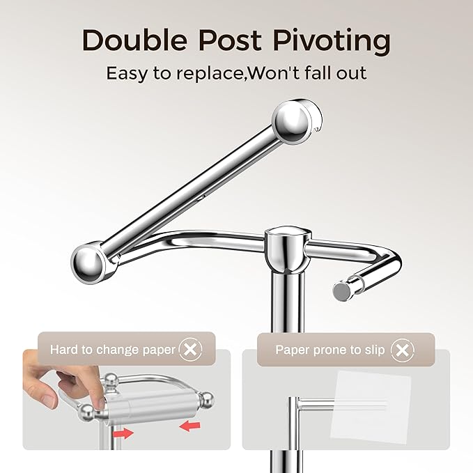 Toilet Paper Holder Stand, Bathroom Free Standing Toilet Paper Stand with Modern Marble Base, Post Pivoting Toilet Paper Stand with Stainless Steel Tissue Rack, Rust-Proof & Heavy Base(Chrome)