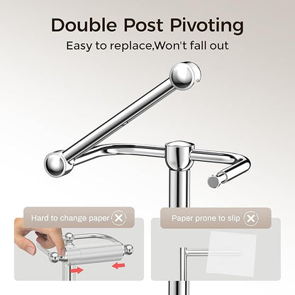 Toilet Paper Holder Stand, Bathroom Free Standing Toilet Paper Stand with Modern Marble Base, Post Pivoting Toilet Paper Stand with Stainless Steel Tissue Rack, Rust-Proof & Heavy Base(Chrome)