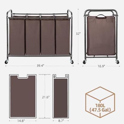 STORAGE MANIAC Laundry Sorter, 4 Section, Laundry Hamper with Wheels, Eco-friendly, Portable, Removable, Waterproof, Brown
