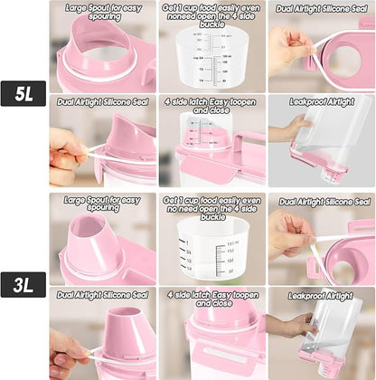 5Lbs Airtight Cat Dog Food Storage Container with Upgraded Large Nozzle BPA-Free, Pet Food Storage Containers for Rice, Grain, Pet Food, Flour, Dog Treat Storage (Light Pink, (3L+5L)-2pack)