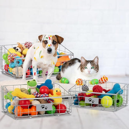 Mimorou 3 Pack Metal Dog Toy Baskets Multi-sized Foldable Dog Toy Bins Box Storage Container Organizer for Living Room Area Decorative Pet Accessories Coat Clothing Storage Holder Baskets(Silver)