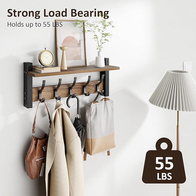 Coat Rack Wall Mount with Shelf, 17.1 Inch Coat Hanger, Entryway Wall Key Holder, Hat Rack for Walls, Shelf with 5 Coat Hooks, Purse Hanger for Wall (Brown)
