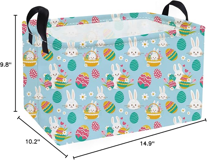 Essme Rectangular Easter Baskets,Pink Easter Storage Basket with Handles for Boys Room Decor, Girls Box,Cute Storage Bin（Blue eggs）