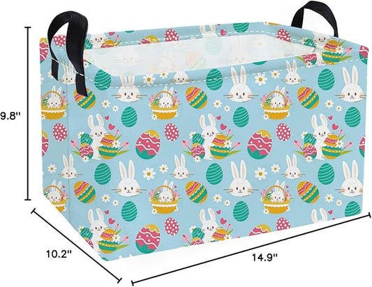Essme Rectangular Easter Baskets,Pink Easter Storage Basket with Handles for Boys Room Decor, Girls Box,Cute Storage Bin（Blue eggs）