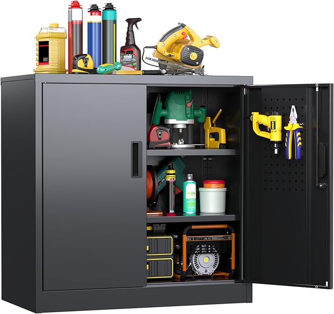 Metal Storage Cabinet with 2 Lockable Doors and 2 Adjustable Shelves, Locking Garage Storage Cabinet with Pegboard, Small Metal Cabinet with Lock for Garage, Home, Black, Assembly Required