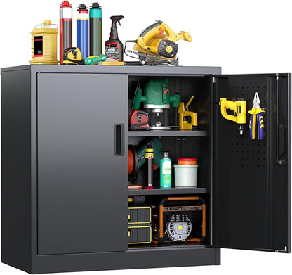 Metal Storage Cabinet with 2 Lockable Doors and 2 Adjustable Shelves, Locking Garage Storage Cabinet with Pegboard, Small Metal Cabinet with Lock for Garage, Home, Black, Assembly Required