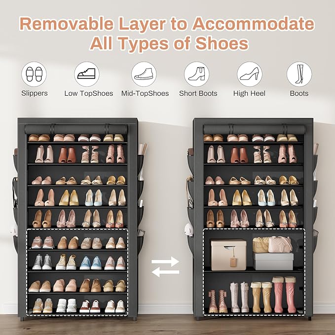 Shoe Rack with Cover, 10 Tier Shoe Organizer Storage for 40-50 Pairs Sneaker and Boots, Large Capacity, with 8 Pockets, Free Standing Tall Shoe Rack for Front Door Entrance, Closet