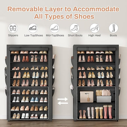 Shoe Rack with Cover, 10 Tier Shoe Organizer Storage for 40-50 Pairs Sneaker and Boots, Large Capacity, with 8 Pockets, Free Standing Tall Shoe Rack for Front Door Entrance, Closet