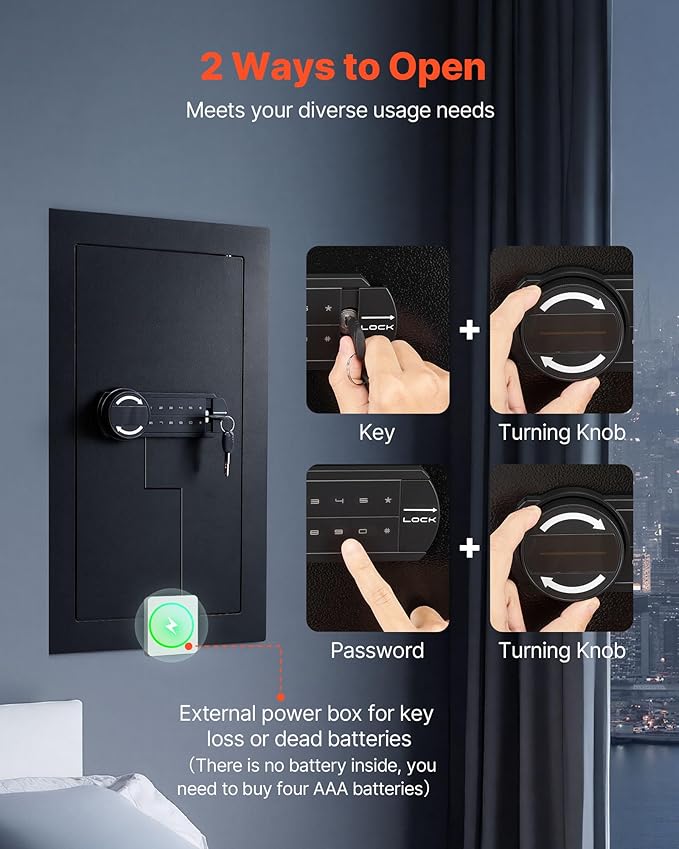 VEVOR 25.6" High Wall Safe, 3-Tier Hidden Wall Mounted Safe with Password & Key, Q235 Cold-Rolled Steel In-Wall Box with LED Lighting, 2 Adjustable Shelves & 5 Key Holders, Black