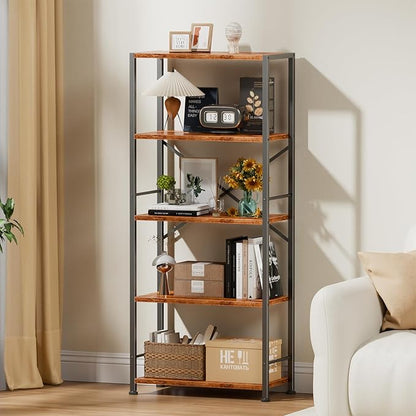 Furologee 5 Tier Book Shelf, Tall Wide Bookshelf, Industrial Open Bookcase, Display Shelves Storage Organizer, Shelving Unit for Living Room, Home Office, Bedroom, Rustic Brown
