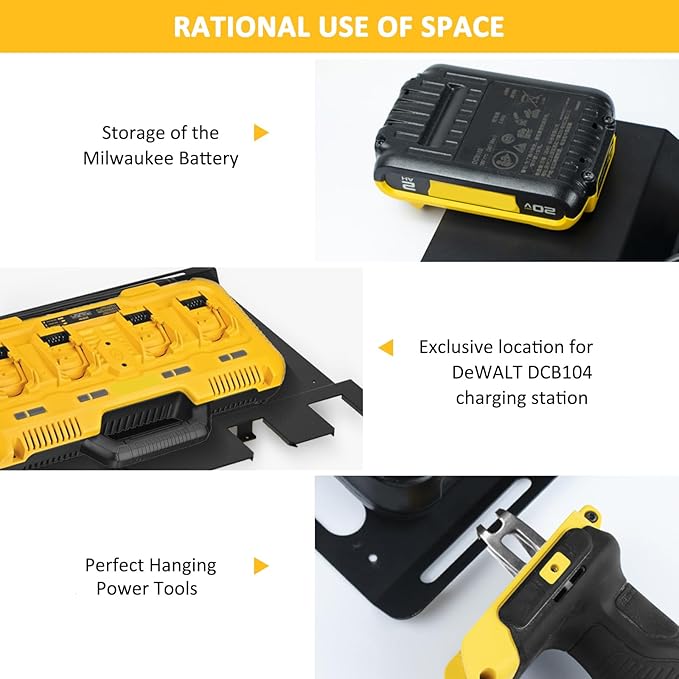 Wall Mount Bracket for DeWalt DCB104 Charger and Battery, Metal Black Rugged 4 Battery Holder and Charger Holder for Tool Room and Garage
