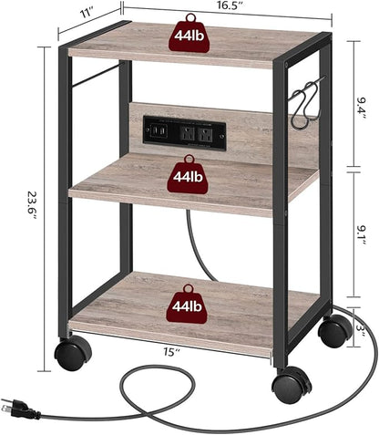 Industrial Printer Cart, 3-Tier Mobile Printer Stand, Rolling Cart with Power Outlets and USB Ports, Home Printer Stand with 2 Hooks, for Office, Living Room, Greige PTHG40E01