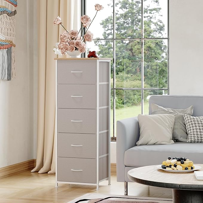 Somdot Tall Dresser for Bedroom with 5 Drawers, Storage Organizer Chest of Drawers with Removable Fabric Bins for Closet Bedside Living Room Laundry Entryway Hallway, Ash Grey