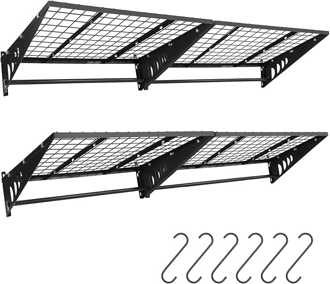 Garage Shelving 2x3ft 4-Pack, Garage Storage Rack 24"x36" Metal Shelves Black Wall Mounted with rods & 6 Hooks, Heavy Duty Wall Shelving Floating Shelves, 1200lbs Total load Capacity
