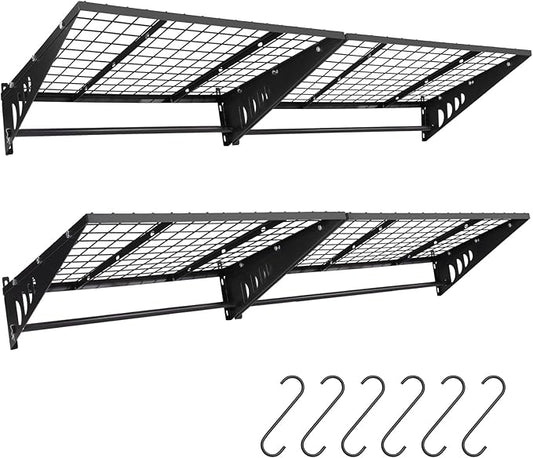 Garage Shelving 2x3ft 4-Pack, Garage Storage Rack 24"x36" Metal Shelves Black Wall Mounted with rods & 6 Hooks, Heavy Duty Wall Shelving Floating Shelves, 1200lbs Total load Capacity