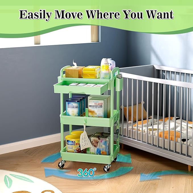 3-Tier Rolling Cart with Drawer & Lockable Wheels, Bathroom Storage Organizer Multifunctional Rolling Storage Cart for Bathroom, Kitchen, Office, Craft, Makeup, Baby Essentials, Green