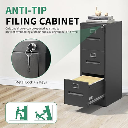3 Drawer File Cabinet, Vertical File Cabinets with Lock for Home Office,Heavy Duty Office Steel Filing Cabinet for Hanging Letters/Legal/A4, Assembly Required (Black)