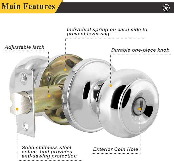 Probrico Polished Chrome Bedroom/Bathroom Privacy Door Knob, Colonial Style Flat Ball Interior Hardware, Keyless Universal Handing Door Lockset, 1 Pack