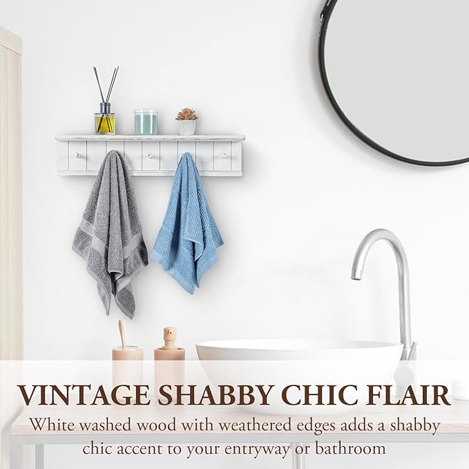 MyGift Wall Mounted 5-Hook Vintage White Wood Floating Bathroom Shelf & Towel Rack