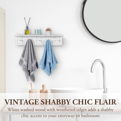 MyGift Wall Mounted 5-Hook Vintage White Wood Floating Bathroom Shelf & Towel Rack