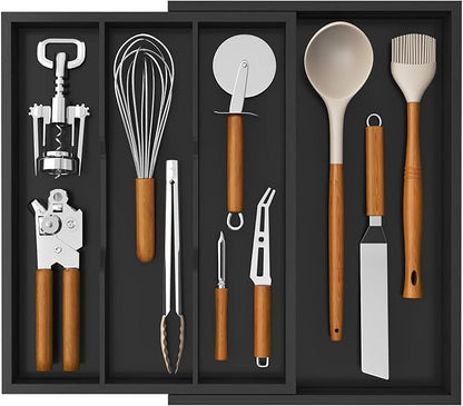 Lifewit Utensil Organizer for Kitchen Drawer, Expandable Cooking Utensil Tray, Cutlery Silverware Flatware Holder, Wood Adjustable Spatula Tools Storage Divider, 30-55 x 40cm, Black