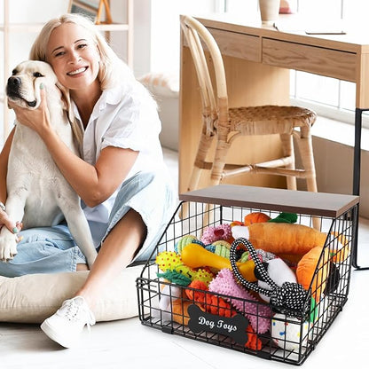 Metal Dog Toy Basket (11.8"x12"x8"),Dog Storage Organizer,Trapezoid Dog Toy Bin for Dog Accessories,Pet Stuff Storage Rack with Wood Shelf-Sturdy and Easy to Assemble