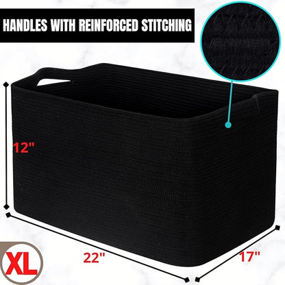 MINTWOOD Design 22in Extra Large Blanket Basket Holder Living Room, Rectangle Rope Woven Storage Basket with Handles for Laundry, Pool Towels, and Shoes, Dog Toy Organizer Bin Box, Full Black