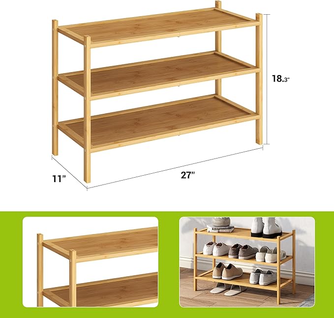 BMOSU 3-Tier Bamboo Shoe Rack Premium Stackable Shoe Shelf Storage Organizer for Hallway Closet Living Room Entryway Organizer(Natural)