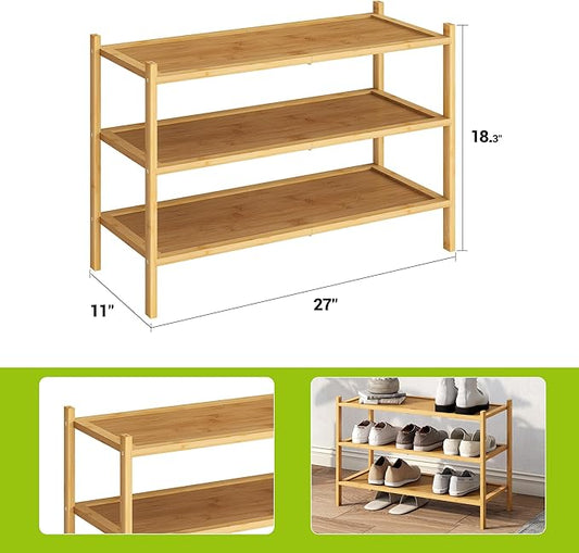 BMOSU 3-Tier Bamboo Shoe Rack Premium Stackable Shoe Shelf Storage Organizer for Hallway Closet Living Room Entryway Organizer(Natural)